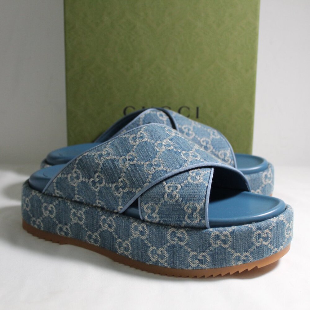 Gucci Blue Denim Monogram Platform Slide Mules